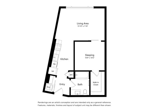 Floor plan for 1 bed, 1 bath, 640 sqft